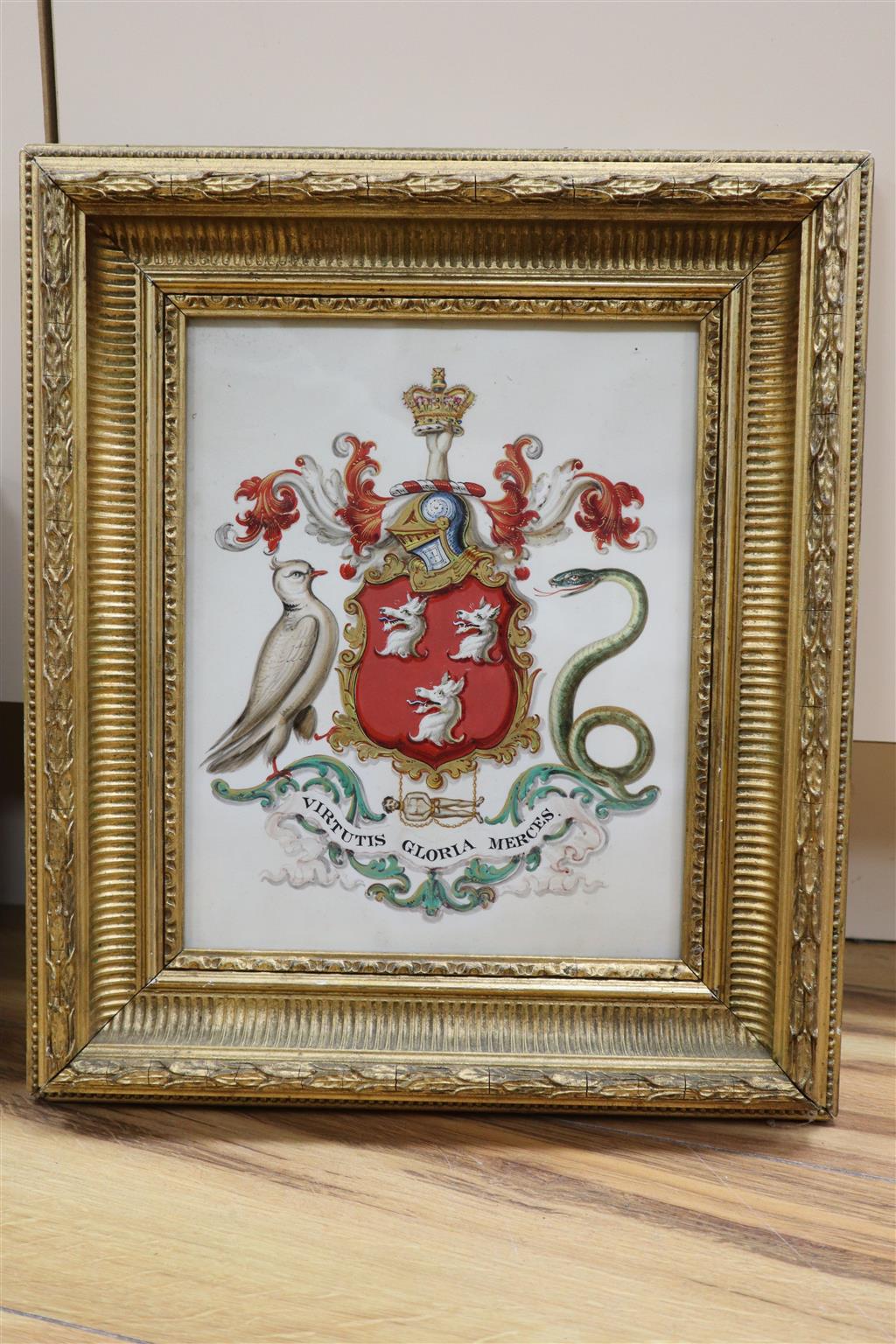 An illuminated armorial with the motto Virtutis Gloria Merces, 25 x 20cm